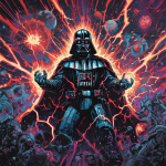 Darth Vader réinterprété comme un dieu cosmique entouré d'énergie, style Jack Kirby
