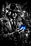 Détective des années 40 utilisant un smartphone dans un décor en noir et blanc, style Sin City