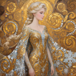 Elsa de La Reine des Neiges réinterprétée avec une robe ornée de motifs dorés, style Gustav Klimt