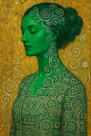 Femme émeraude avec des motifs décoratifs verts et argentés, variation du style Gustav Klimt