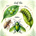 Cycle de vie d'une créature fantastique verte, style Maria Sibylla Merian