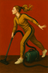 Femme des années 2010 en jogging, passant l’aspirateur, en silhouette colorée sur fond noir, style Leonetto Cappiello
