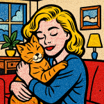 Fille câlinant un chat dans un salon pop art, illustration style BD