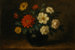 Nature morte avec des fleurs colorées dans un vase sombre, style Francisco de Goya
