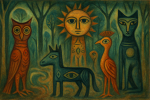 Forêt onirique peuplée de créatures totémiques, style Victor Brauner