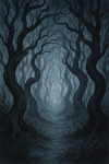 Forêt tordue aux arbres élancés et brume bleutée, dans un style gothique poétique façon Tim Burton
