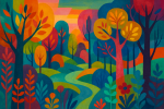 Forêt colorée avec des arbres simplifiés et des formes géométriques, style Mary Blair