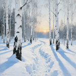 Forêt de bouleaux enneigée avec un sentier, style Pekka Halonen