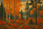 Forêt finlandaise en automne avec des couleurs vives, style Akseli Gallen-Kallela