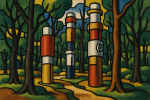 Forêt avec des arbres aux formes cylindriques et mécaniques, style Fernand Léger