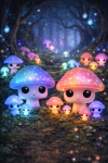 Forêt enchantée avec des champignons lumineux et des arbres torsadés en style Funko Pop