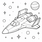 Dessin en noir et blanc d'une fusée spatiale avec des fenêtres et des flammes, style coloriage.