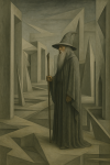 Gandalf figé dans un paysage architectural silencieux, style Kay Sage