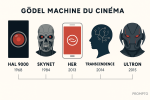 Frise chronologique illustrée montrant cinq intelligences artificielles emblématiques du cinéma en lien avec le concept de Gödel Machine : HAL 9000 (2001: A Space Odyssey), Skynet (Terminator), Samantha (Her), IA de Transcendence, et Ultron (Avengers), accompagnées de leur année de sortie.