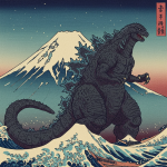 Godzilla devant le Mont Fuji, style Katsushika Hokusai