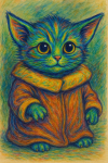 Grogu de Star Wars réimaginé en chat coloré, style Louis Wain