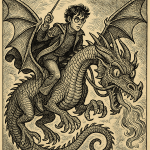 Harry Potter chevauchant un dragon dans le style baroque de Georges Pichard