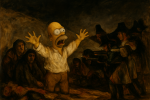 Homer Simpson transformé en personnage du tableau Les Fusillations du 3 mai, style Francisco de Goya