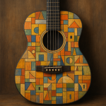 Photo réaliste d'un instrument de musique avec des motifs abstraits, style Paul Klee