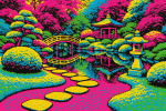 Jardin japonais avec des couleurs pop art, style Andy Warhol