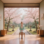 Jardin japonais avec cerisier en fleurs, composition symétrique, style Wes Anderson