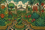 Jardin structuré avec des plantes à motifs, encrage dense, style Georges Pichard