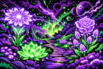 Jardin serein avec des fleurs faites d'énergie pure aux couleurs violet et vert, style Jack Kirby