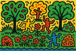 Jardin avec arbres stylisés, style Keith Haring