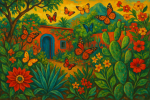 Jardin luxuriant avec plantes mexicaines et papillons, style Frida Kahlo