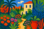 Jardin méditerranéen aux couleurs vives et formes simplifiées, style Henri Matisse