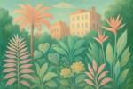 Jardin urbain avec des plantes exotiques aux couleurs pastel, style Henri Rousseau