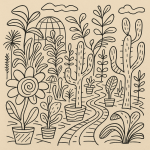 Jardin botanique avec des plantes aux perspectives déformées, style Saül Steinberg