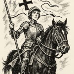 Jeanne d’Arc sur son cheval dans un style bande dessinée noir et blanc à la Hugo Pratt