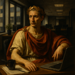 Jules César dans un décor moderne de bureau, style Caravage