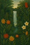 Jungle luxuriante avec une cascade et des fleurs exotiques, style Henri Rousseau