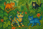 Jungle luxuriante peuplée de chats colorés, style Louis Wain