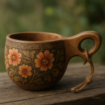 Photo réaliste d'un kuksa finlandais avec des motifs décoratifs, style Akseli Gallen-Kallela