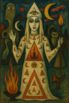 Lady Gaga en tenue rituelle dans un décor ésotérique, style Victor Brauner