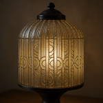 Photo réaliste d'une lampe en verre industriel strié, style Louis Barillet