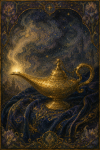 Lampe magique dorée, style Edmund Dulac