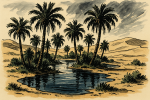 Dunes et oasis stylisées avec palmiers, style ligne claire façon Hugo Pratt