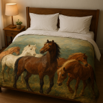 Photographie réaliste d'un lit avec une parure de couette ornée de chevaux, style Rosa Bonheur