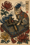 Machine à tatouer décorée de motifs japonais et gardée par un chat