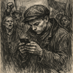Manifestant avec smartphone dans une foule, style Käthe Kollwitz