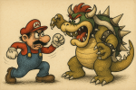 Mario affrontant Bowser avec foule autour, style Dubout