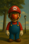 Super Mario avec une pomme flottant devant son visage, style René Magritte