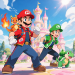 Mario et Luigi comme dresseurs Pokémon, style crossover