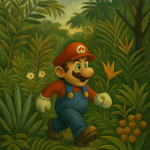 Mario dans un décor de jungle luxuriante, style Henri Rousseau