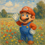 Super Mario dans un champ de fleurs impressionniste, style Alfred Sisley