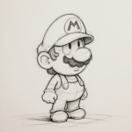 Mario de Nintendo transformé en personnage filiforme avec une casque disproportionnée, style Saül Steinberg